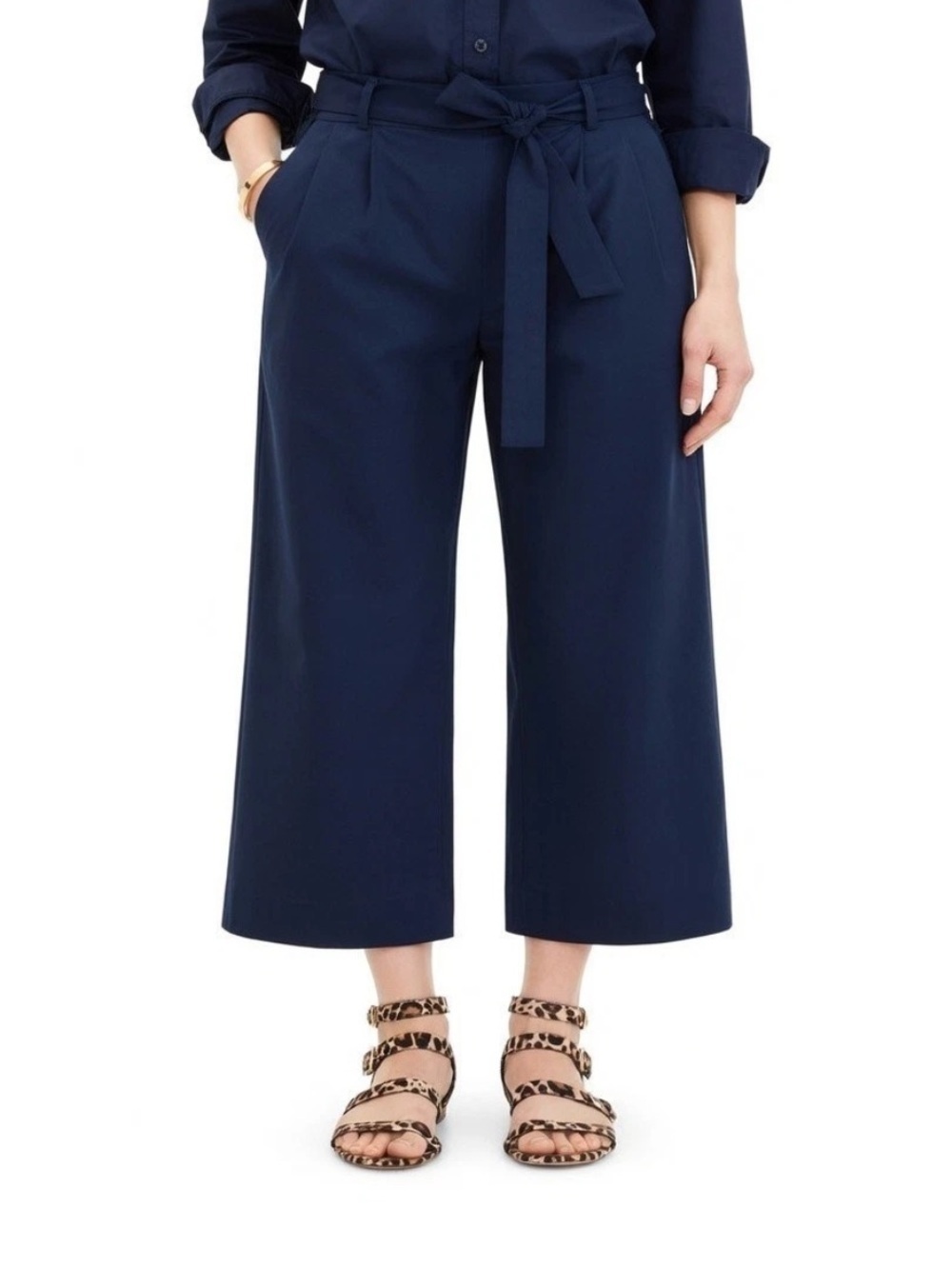 J.Crew Navy Blue Wide Leg Stretch Poplin Crop Pants with Waist Tie